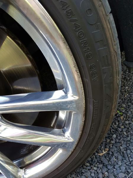 Curb damage on a tyre before being repaired by Wheels R Us Newcastle